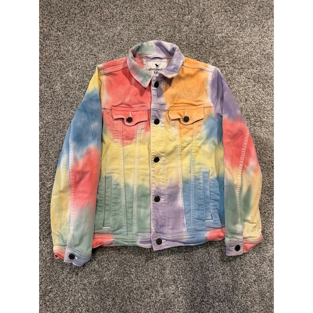 Abercrombie Kids Denim Jacket Unisex 13/14 Multicolor Tie Dye Pride Trucker Coat